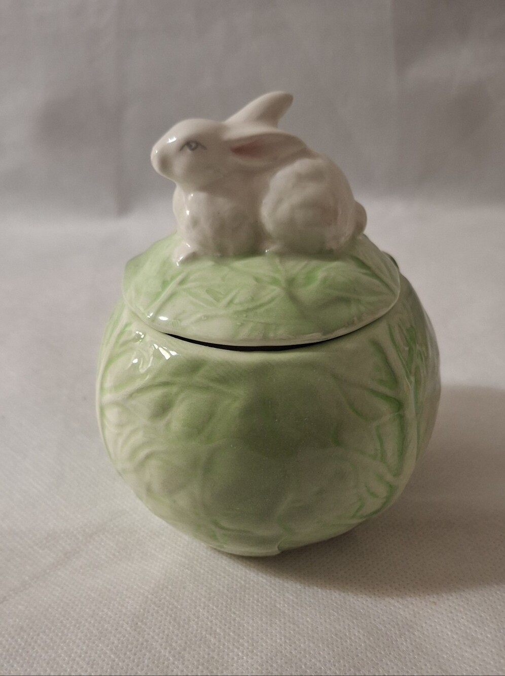 Vintage Cabbage Ceramic Sugar Bowl With White Rabbit Lid- Cottagecore Decor
